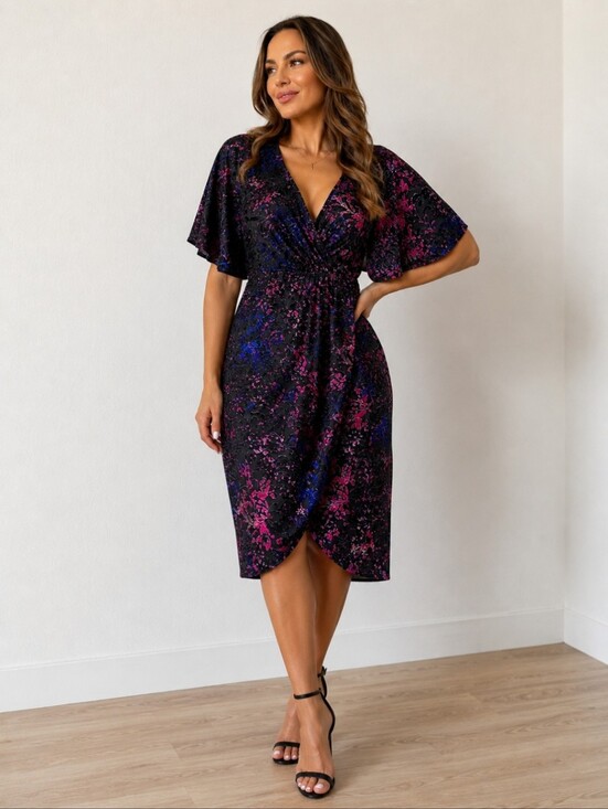 Vicky Tiel Dresses & Skirts - Vicky Tiel Multicolor Velvet Pop Art Bat Wings Midi Dress Size SMall Medium